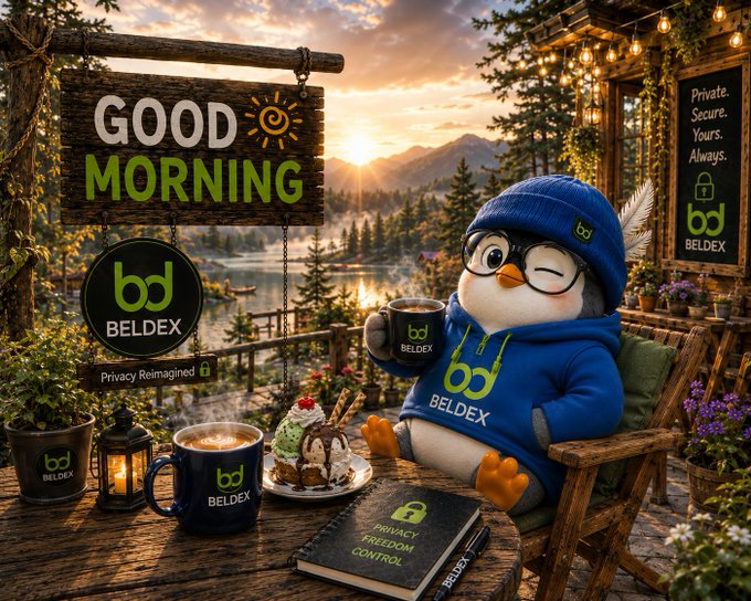 An AI-generated promotional image features a penguin in a blue beanie and 'BELDEX' hoodie sitting at a wooden outdoor table with a mug and ice cream, alongside signs reading 'GOOD MORNING,' 'BELDEX,' and 'Private. Secure. Yours. Always.'
