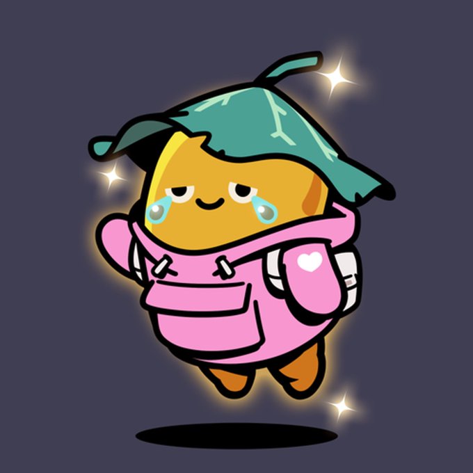 Cute cartoon illustration of a round yellow character wearing a teal leaf hat and pink hoodie, crying with sparkles around it on a dark background.