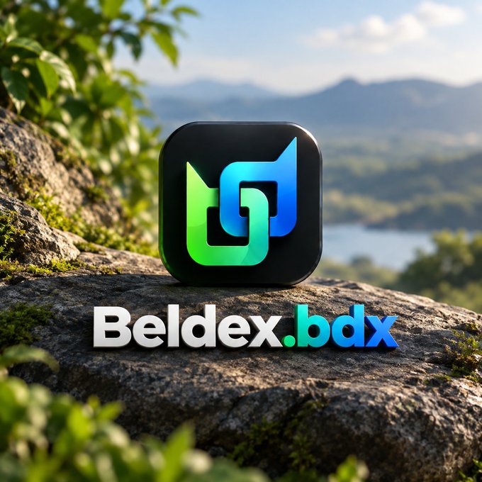 A promotional graphic featuring a stylized green and blue logo on a black rounded square, with the text 'Beldex.bdx' displayed on a rock against a scenic mountain and lake backdrop.