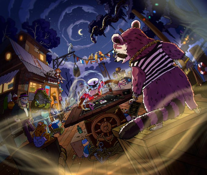A ghostly pirate captain with a hook hand leans over a treasure map laid across a wooden cart, surrounded by a crew of pirate animals including a large bear, sharks, and a frog, under a swirling night sky. The pirate-themed illustration visually echoes the post's reference to BAYC (Bored Ape Yacht Club) NFTs "packing" treasure, suggesting hidden value or rewards awaiting holders of the collection.