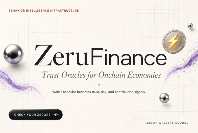 A promotional graphic for 'ZeruFinance' with the tagline 'BEHAVIOR INTELLIGENCE INFRASTRUCTURE' and subtitle 'Trust Oracles for Onchain Economies', featuring a 3D coin with a lightning bolt logo, silver spheres, and a button labeled 'CHECK YOUR ZSCORE', noting '320M+ WALLETS SCORED'.