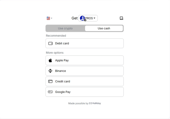 Payment interface titled 'Get PROS' with options to use crypto or cash, showing payment methods including Debit card, Apple Pay, Binance, Credit card, and Google Pay, powered by Halliday.