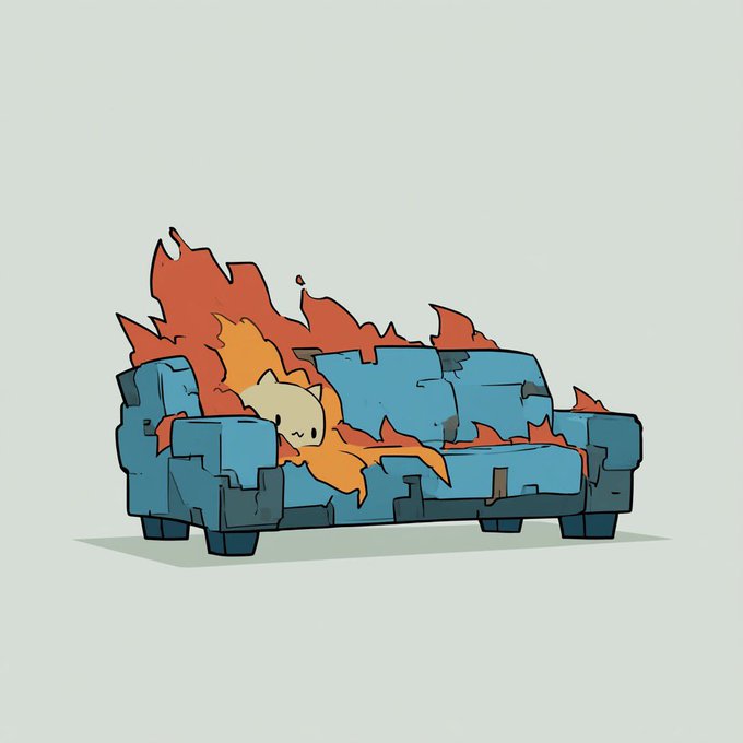 A cartoon illustration of a cute cat-like creature engulfed in flames while lying on a worn blue couch.