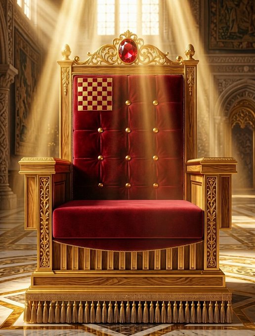 An ornate golden throne with red velvet tufted upholstery features a checkered pattern and a large red gem at the top, set in a grand hall with sun rays streaming through windows.