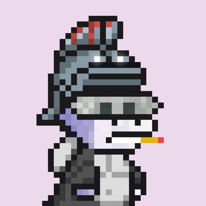 Pixel art of a frog character with red eyes wearing a military helmet, a white skull mask, and smoking a cigarette.