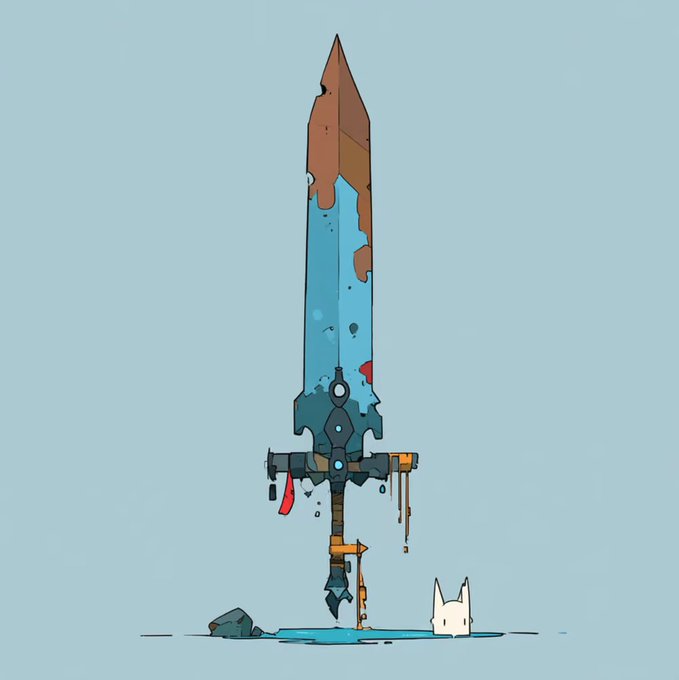 A digital illustration of a large, rusty sword standing upright with a small white creature sitting beside it against a light blue background.