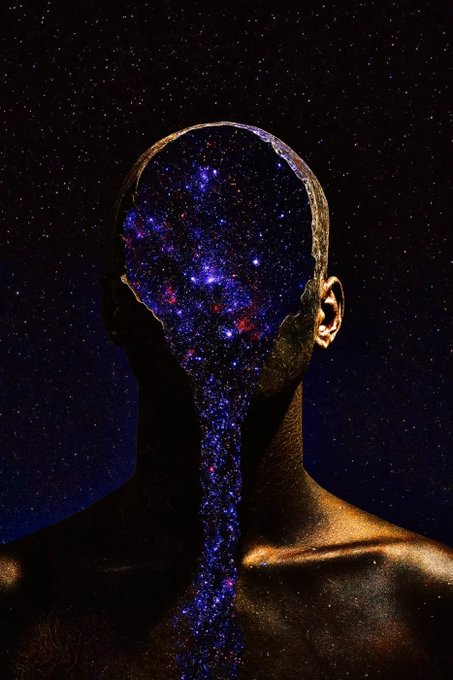 A surreal digital artwork depicting a person's silhouette where the head and torso dissolve into a vibrant, starry galaxy, set against a dark cosmic background.