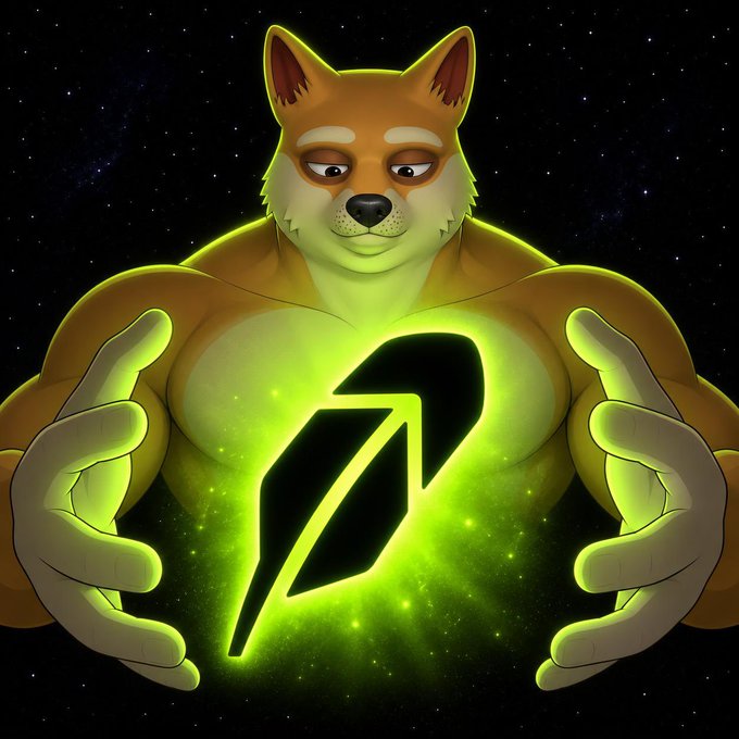 A digital illustration depicts a muscular Shiba Inu dog holding a glowing green crystal that contains an upward-pointing arrow symbol, set against a starry space background.