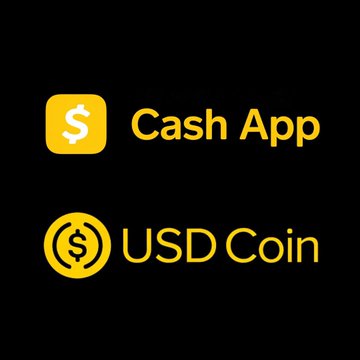 The image features a logo that includes two yellow dollar signs and a circle containing a $USDC symbol. Below this, there are two text boxes, one of which reads "Cash App" and the other "USDC Coin". The text box for Cash App is positioned above the USDC coin text box. The text in both boxes indicates that users can easily transfer money across different cryptocurrencies like Bitcoin, Ethereum, Polygon, and Arbitrum using the Cash App app.