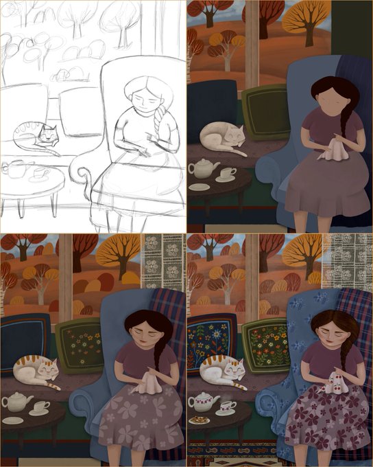 A four-panel progression showing the artistic development of an illustration: starting with a pencil sketch of a girl knitting beside a sleeping cat, moving through color blocking, then detailed painting with autumn trees and patterned cushions, and finally a refined version with a floral blanket and ornate rug.