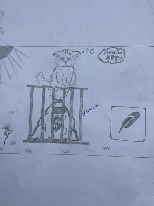 A hand-drawn sketch shows a grumpy cat sitting on a cage with a money bag locked inside, with a thought bubble reading "Where's the KEY!!!". A keyhole image is displayed to the right, symbolizing that $CASHCAT is the key to unlocking 1000X profits as described in the meme contest entry.
