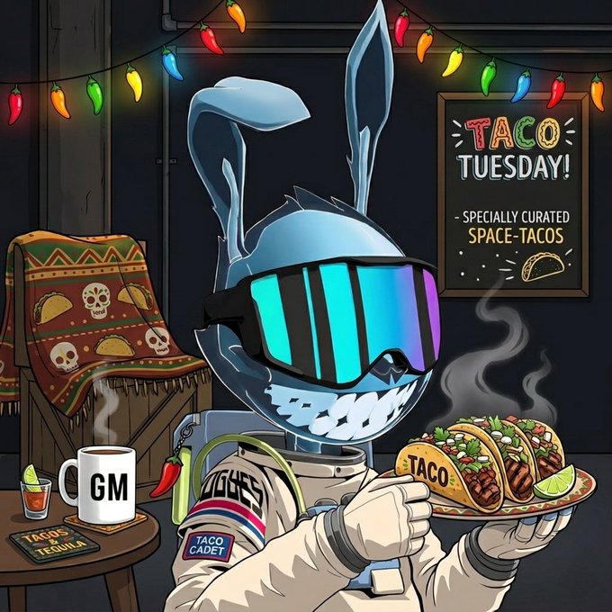 A cartoon character wearing a futuristic space helmet and reflective sunglasses holds a plate of tacos in a room decorated with chili pepper lights, a 'TACO TUESDAY! - Specially Curated Space-Tacos' chalkboard sign, and a blanket with skull and taco designs.