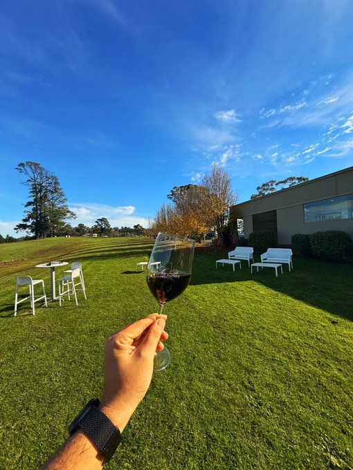 A hand holding a glass of red wine against a backdrop of a manicured lawn and clear blue sky at what appears to be a winery, symbolizing the celebratory "toast" to the bull market the poster is declaring and inviting fellow crypto traders to "drink in" the gains alongside Bitcoin's breakout above $83,000.