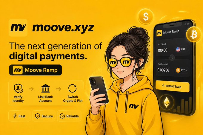 A promotional advertisement for moove.xyz featuring a stylized anime character wearing 'mv' branded sunglasses, promoting their 'Moove Ramp' service described as 'The next generation of digital payments' with a USD to BTC swap interface shown.