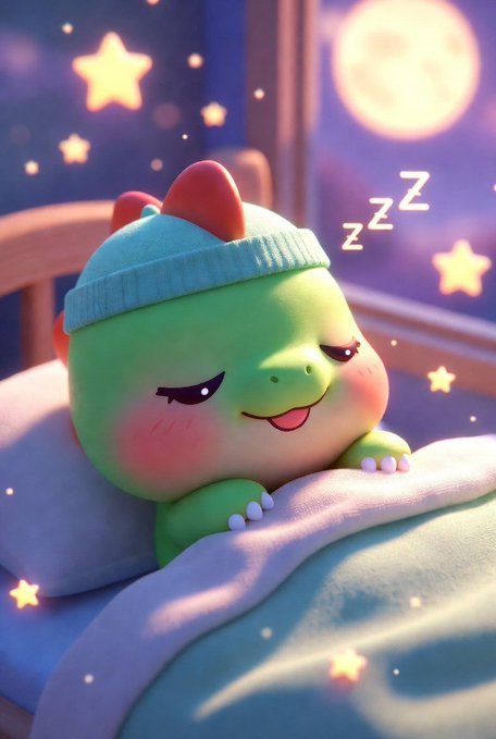 A cute green dinosaur-like character wearing a blue knit cap with red horns sleeps peacefully in bed under a starry night sky with a full moon, accompanied by floating 'Zzz' symbols.