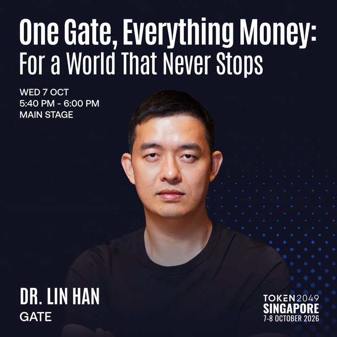 A promotional graphic for TOKEN2049 Singapore (7-8 October 2026), featuring Dr. Lin Han of Gate speaking on 'One Gate, Everything Money: For a World That Never Stops' on the Main Stage.