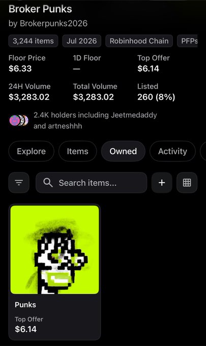 A mobile app interface for 'Broker Punks' NFT collection on Robinhood Chain, showing a floor price of $6.33, 3,244 items, and a preview of a green pixel-art Punk NFT.