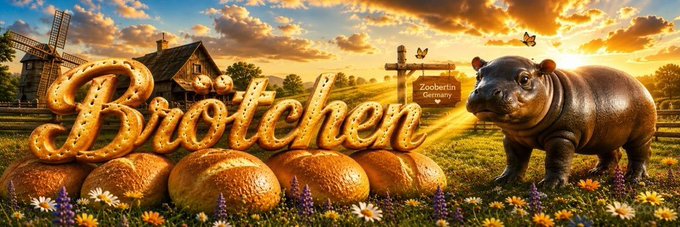 A stylized scene shows the word "Brötchen" spelled out in golden bread rolls, with a chocolate hippo standing nearby, a windmill, and a sign reading "Zoohertin Germany," visually promoting the hashtag #brötchen and suggesting the German bread roll is poised for global recognition.