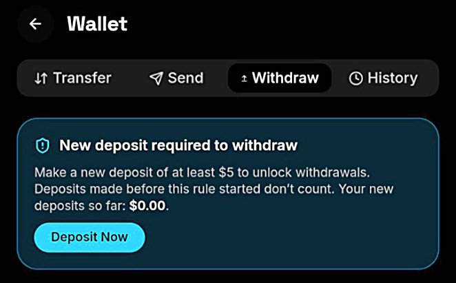 A mobile wallet interface displays a "Withdraw" tab with a message stating "New deposit required to withdraw," requiring at least a $5 deposit that must be made after a new rule took effect, showing $0.00 in qualifying deposits. The "Deposit Now" button is highlighted, illustrating the issue described in the post where users like those with $GXT cannot withdraw despite having completed USDT deposits.