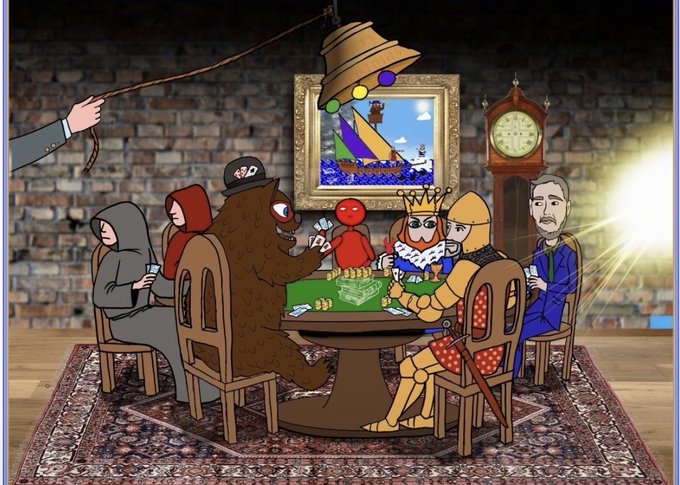 A cartoon poker game around a table where players include a hooded figure, a redhead, a bear in a cap, a red figure, a crowned king, a knight, and a suited man, while a disembodied arm lowers a lampshade as an "ace up the sleeve," and the framed painting in the background depicts the XRP logo on a sailboat—visually representing the "ace up the sleeve" for #XRP.
