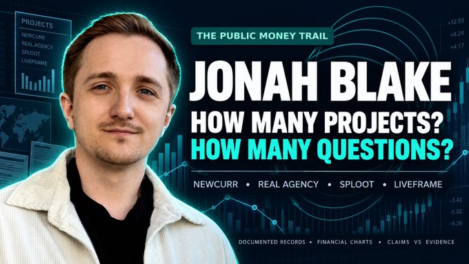 A thumbnail for a public-money investigation reads “JONAH BLAKE HOW MANY PROJECTS? HOW MANY QUESTIONS?” and includes “NEWCURR,” “REAL AGENCY,” “SPOLOT,” “LIVEFRAME,” plus “DOCUMENTED RECORDS,” “FINANCIAL CHARTS,” and “CLAIMS VS EVIDENCE.”