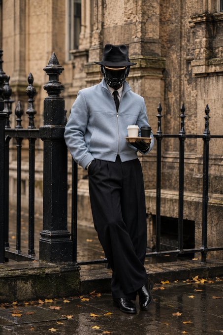 A stylish figure wearing a futuristic black helmet with a glowing yellow visor, a light blue jacket, black tie, and wide-leg black trousers leans against a black wrought-iron fence holding a tray with two coffee cups.