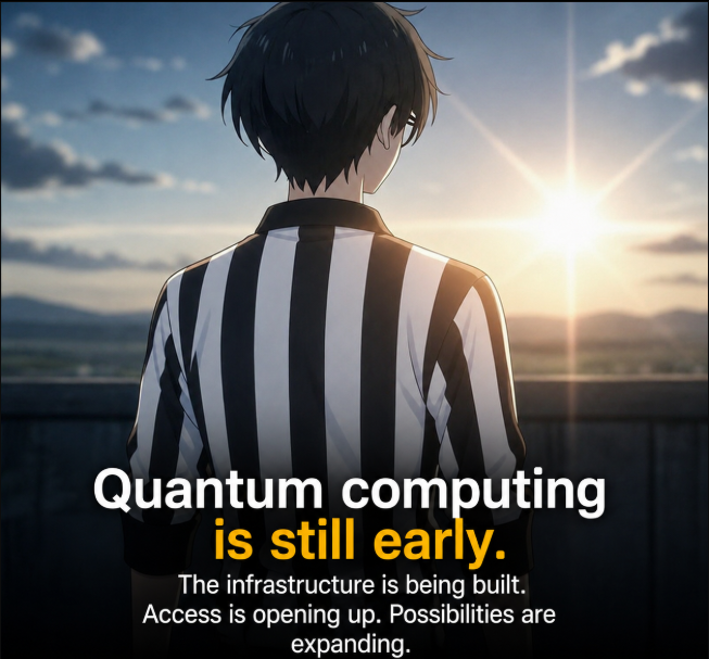 An anime-style illustration of a person with dark hair wearing a black and white striped referee shirt, viewed from behind, with text reading 'Quantum computing is still early. The infrastructure is being built. Access is opening up. Possibilities are expanding.'