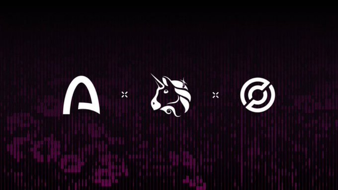 The image shows three logos separated by "x" symbols on a dark purple digital/matrix background: the Arc logo (a stylized "A"), a unicorn head emblem, and a circular target-like symbol. This visual represents a partnership or integration announcement, indicating that Uniswap will support the Arc network from launch, as referenced in the accompanying post.