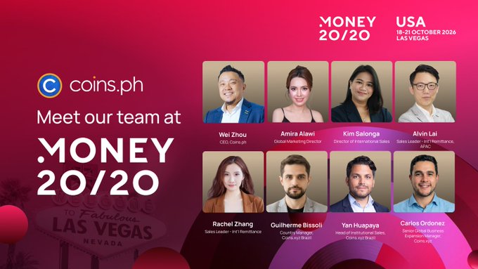 The image is a promotional graphic from Coins.ph announcing their team's attendance at the Money 20/20 USA conference in Las Vegas from October 18-21, featuring headshots and names of eight team members including Wei Zhou (CEO), Amira Alawi, Kim Salonga, Alvin Lai, Rachel Zhang, Guilherme Bissoli, Yan Huapaya, and Carlos Ordonez, with their respective titles.

The graphic supports the post by putting faces to the Coins.ph and Coins.xyz team members that attendees can expect to meet at the conference, emphasizing the human connections behind stablecoin and cross-border payment discussions for Southeast Asia.