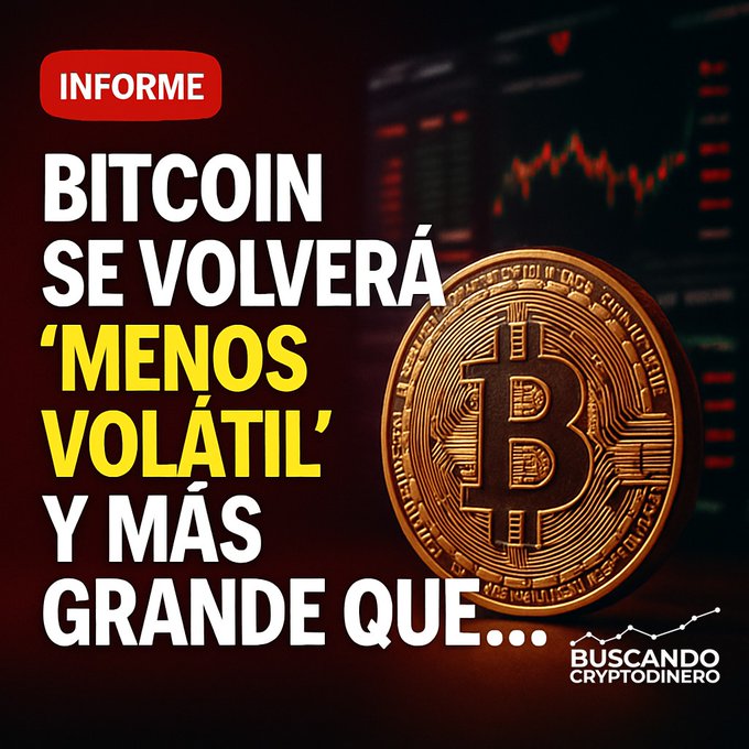 A graphic from 'BUSCANDO CRYPTODINERO' in Spanish features a large Bitcoin coin with the headline 'INFORME: BITCOIN SE VOLVERÁ "MENOS VOLÁTIL" Y MÁS GRANDE QUE...'.