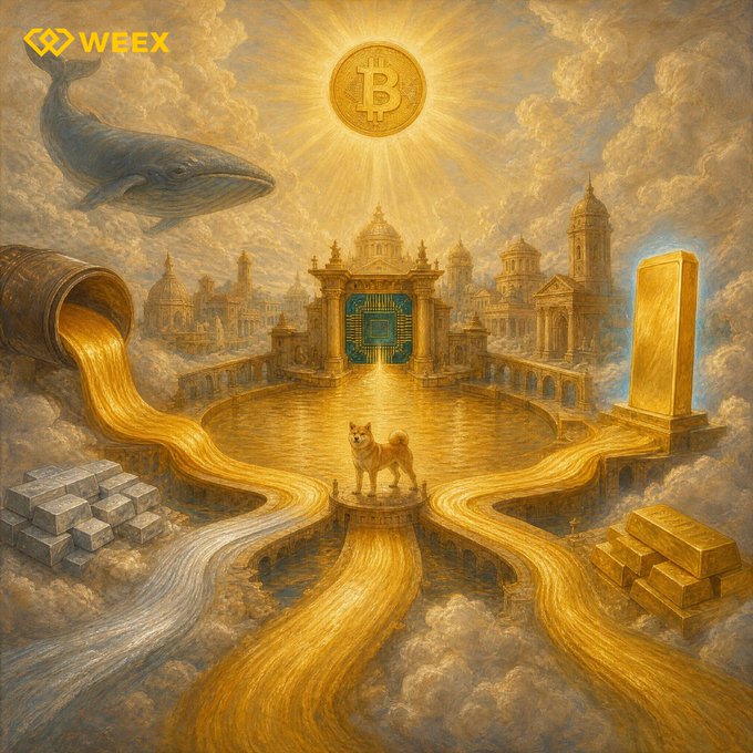 The image is a surreal, golden-hued painting featuring a radiant Bitcoin sun above a floating city, with streams of liquid gold flowing from a barrel and toward gold bars and silver ingots, while a Shiba Inu dog and a whale float among the clouds—symbolizing the diverse crypto and traditional markets accessible through a single Weex account, as noted by the "WEEX" logo and the tagline "One account. Every Market."