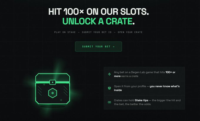 A promotional graphic for Stake's Degen Lab promotion, featuring the headline "HIT 100× ON OUR SLOTS. UNLOCK A CRATE." alongside a green neon crate illustration and a "SUBMIT YOUR BET →" button. The image outlines the promotion's details, explaining that any bet on a Degen Lab game hitting 100× or more earns a crate, which can hold Stake tips with better odds for bigger hits and bets—directly visualizing the post's instructions on how to claim rewards.