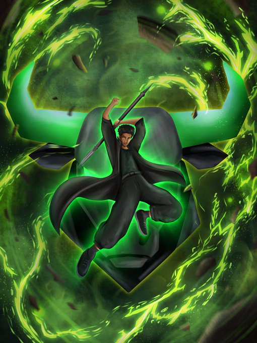 A stylized warrior with a staff is depicted, surrounded by swirling green energy and what appears to be a bull's head, likely symbolizing strength and power for $Ansem holders. This imagery aligns with the optimistic "Good morning" greeting to $Ansem holders, suggesting a powerful start to the day for investors.