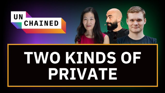 A YouTube thumbnail for the show 'Unchained' titled 'TWO KINDS OF PRIVATE' featuring three hosts.