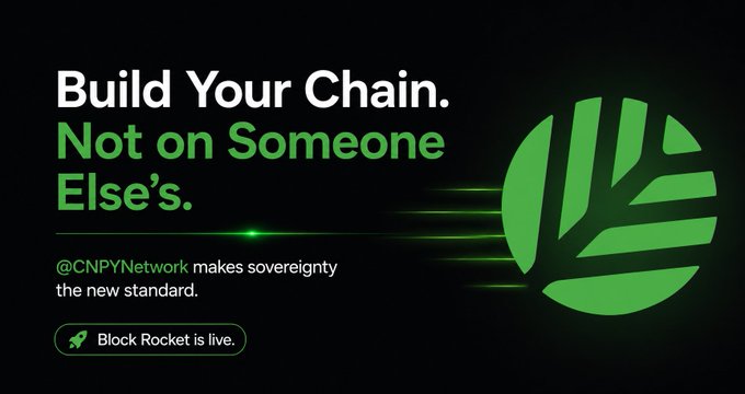 Promotional graphic for CNPYNetwork cryptocurrency project with text 'Build Your Chain. Not on Someone Else's.' and 'Block Rocket is live' alongside a green rocket logo.