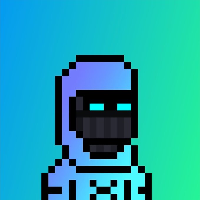 A pixel-art character wearing a blue hood and armor stands against a blue and green gradient background.