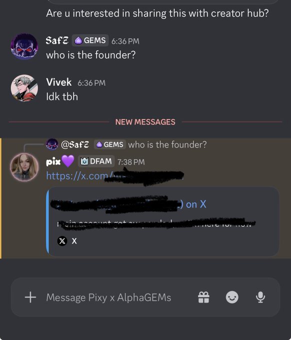 A Discord chat screenshot showing Saf asking "who is the founder?" to which Vivek replies "Idk tbh," after which Pix links an X (Twitter) post with the founder's identity, illustrating the post's point that Pix knew the answer while Vivek didn't.