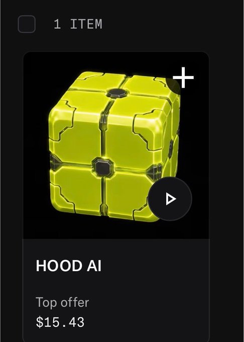 A mobile marketplace listing showing a yellow-green sci-fi cube item titled 'HOOD AI' with a top offer of $15.43.
