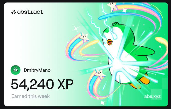 A digital achievement card from Abstract shows user 'DmitryMano' earning '54,240 XP' this week, featuring a cartoon penguin character surrounded by rainbow energy effects.