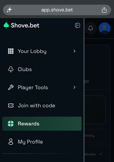A mobile browser screenshot of shove.bet showing a side menu with options including "Your Lobby", "Clubs", "Player Tools", "Join with code", "Rewards", and "My Profile".