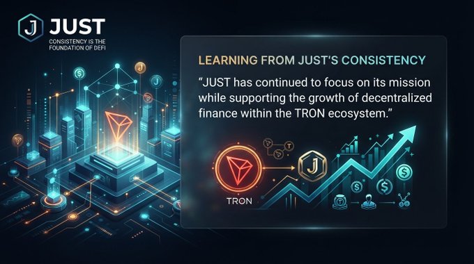 A digital graphic for "JUST" with the tagline "CONSISTENCY IS THE FOUNDATION OF DEFI" includes the text "LEARNING FROM JUST'S CONSISTENCY: JUST has continued to focus on its mission while supporting the growth of decentralized finance within the TRON ecosystem," alongside a 3D city graphic and TRON logo.