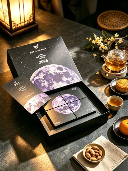 A 2026 Mid-Autumn Festival gift box featuring a moon graphic, displayed alongside a teapot, tea, and a mooncake.