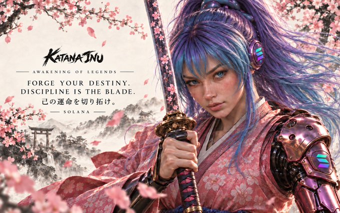 Promotional artwork for "KATANA INU: AWENING OF LEGENDS" featuring a futuristic cyberpunk samurai character with purple hair and pink armor holding a katana, with text "FORGE YOUR DESTINY. DISCIPLINE IS THE BLADE."