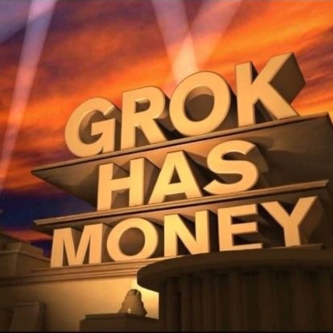 A 3D-rendered image of the iconic Goldman Sachs logo parodied with the text "GROK HAS MONEY" set against a dramatic orange sunset sky. The image humorously applies the grandiose "bloated money bag" meme format—traditionally used to mock institutional wealth—to instead boast about Grok, playing into the poster's confident, joking tone about their $DRB investment.