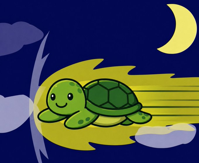 A cartoon illustration of a smiling green turtle flying through a dark blue night sky with a yellow crescent moon, surrounded by yellow motion lines and purple clouds.