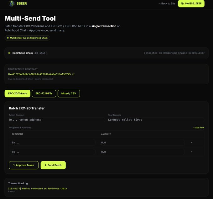 A screenshot of a SBEER Multi-Send Tool interface for batch transferring ERC-20 tokens, ERC-721 NFTs, and ERC-1155 NFTs on the Robinhood Chain, showing contract address 0x471620650b0e630c81c41703ba46661Ea456275 and a connected wallet 0xd9...DEBF.