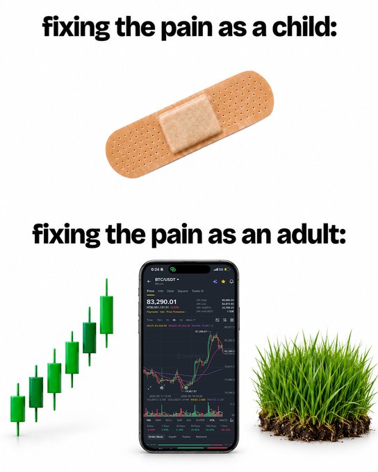 A two-panel meme contrasts childhood pain relief (a simple bandage) with adult "fixing the pain" through financial gain, showing rising green Bitcoin candlesticks, a phone displaying BTC/USDT at 83,290.01, and a patch of grass—joking that the Bitcoin investment "grew" well, allowing them to buy their childhood comfort as an adult.