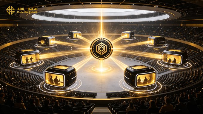 A promotional graphic for 'ARK | DeFAI - Code the Future' showing a futuristic stadium-like arena with glowing golden pods containing silhouettes of people, centered around a hexagonal logo.