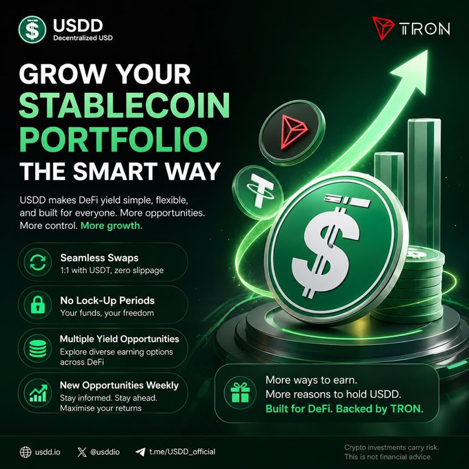 This image is a promotional graphic for USDD (Decentralized USD) on the TRON blockchain, featuring bold text reading "GROW YOUR STABLECOIN PORTFOLIO THE SMART WAY" alongside a large green USDD coin, rising bar charts, and an upward arrow symbolizing growth. The ad highlights key benefits like "Seamless Swaps" with 1:1 USDT exchange, "No Lock-Up Periods," "Multiple Yield Opportunities," and "New Opportunities Weekly," directing users to usdd.io and Telegram @USDD_official—visually reinforcing the post's message about earning stablecoin yield through flexible, lockup-free DeFi strategies on TRON.