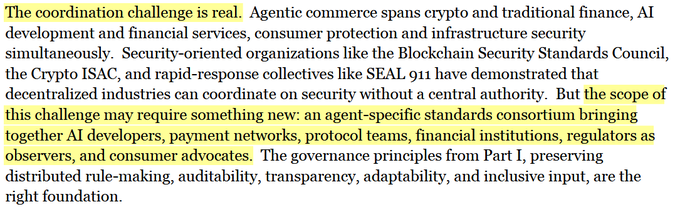 A highlighted text excerpt discussing agentic commerce coordination challenges, mentioning blockchain security, crypto, AI development, and the need for agent-specific standards involving AI developers, payment networks, regulators, and consumer advocates.